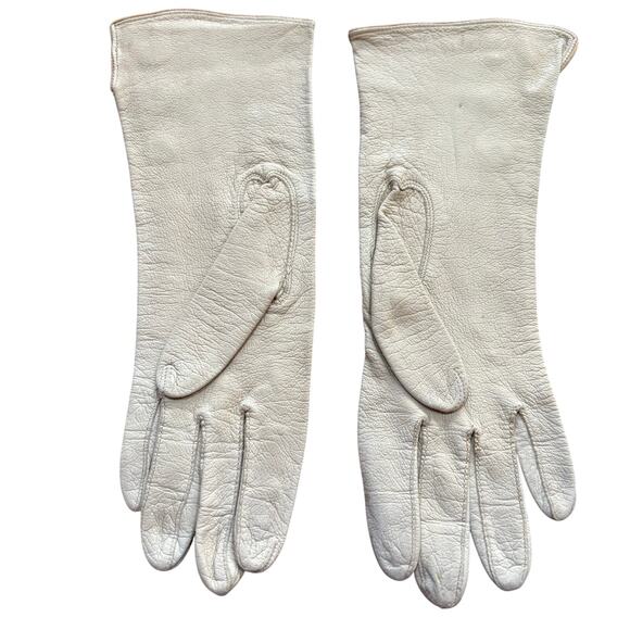 Ladies leather day or driving gloves wrist length 1920s cream & tan trim detail - Picture 5 of 8
